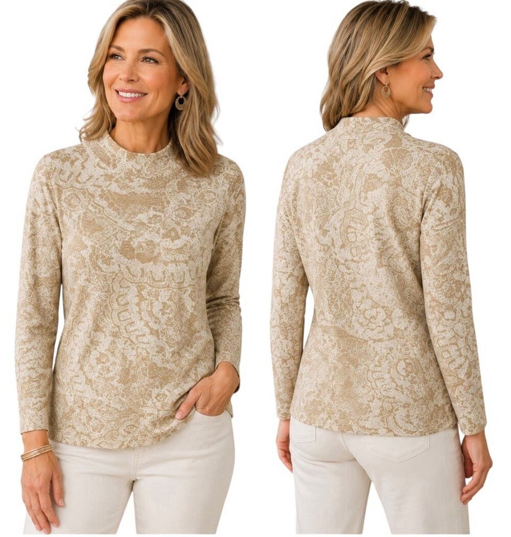 CHICO'S Ella Jaquard Mockneck Sweater English Cream Size Large